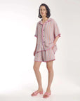 The Tales Hand Crochet Trimmed Stripe Linen Shorts Rose
