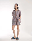 The Tales Hand Crochet Trimmed Stripe Linen Shorts Blue