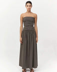 St Agni Gathered Strapless Tie Back Dress Khaki