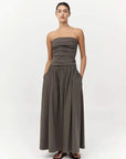 St Agni Gathered Strapless Tie Back Dress Khaki