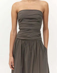 St Agni Gathered Strapless Tie Back Dress Khaki