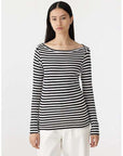 Bassike Stripe Envelope Neck Rib Top Black White