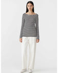 Bassike Stripe Envelope Neck Rib Top Black White