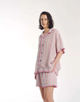 The Tales Hand Crochet Trimmed Stripe Linen Shorts Rose
