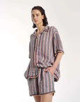 The Tales Hand Crochet Trimmed Stripe Linen Shirt Blue