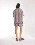 The Tales Hand Crochet Trimmed Stripe Linen Shorts Blue