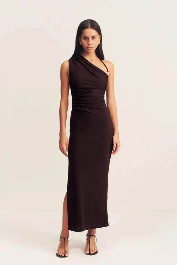 Shona Joy Beau Gathered Asymmetrical Midi Dress Espresso || Milc. – Milc. Boutique