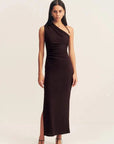 Shona Joy Beau Gathered Asymmetrical Midi Dress Espresso
