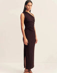 Shona Joy Beau Gathered Asymmetrical Midi Dress Espresso