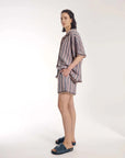 The Tales Hand Crochet Trimmed Stripe Linen Shorts Blue