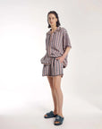 The Tales Hand Crochet Trimmed Stripe Linen Shirt Blue