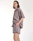 The Tales Hand Crochet Trimmed Stripe Linen Shorts Blue