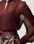 Once Was Simona Sheer Viscose Gold Detail Blouse Bordeaux