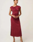 Once Was Monique Draped Neck Gold Column Dress Ruby