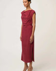 Once Was Monique Draped Neck Gold Column Dress Ruby