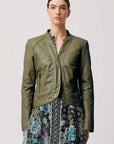 Once Was Nova Leather curved Hem Jacket Moss