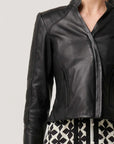 Once Was Blaire Leather Herringbone Stitch Jacket Black
