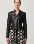 Once Was Blaire Leather Herringbone Stitch Jacket Black