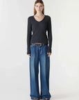Bassike Waffle V Neck L/S Shirt Washed Ink