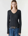 Bassike Waffle V Neck L/S Shirt Washed Ink