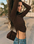 Rollas Selena Rouched Long Sleeve Top Espresso