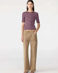 Bassike Retro Rib Stripe Mid Sleeve Top Burgundy Pink