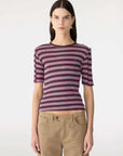 Bassike Retro Rib Stripe Mid Sleeve Top Burgundy Pink