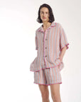 The Tales Hand Crochet Trimmed Stripe Linen Shirt Rose