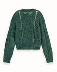 Scotch and Soda Distressed Cable Stitch Cropped Pullover Space Dye Green