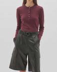Bassike Rib Contrast Placket Long Sleeve Tee Mulberry