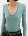 Bassike Slim Rib V Neck Long Sleeve T Shirt Lagoon