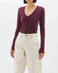 Bassike Slim Rib V Neck Long Sleeve T Shirt Mulberry