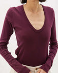 Bassike Slim Rib V Neck Long Sleeve T Shirt Mulberry