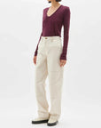 Bassike Slim Rib V Neck Long Sleeve T Shirt Mulberry