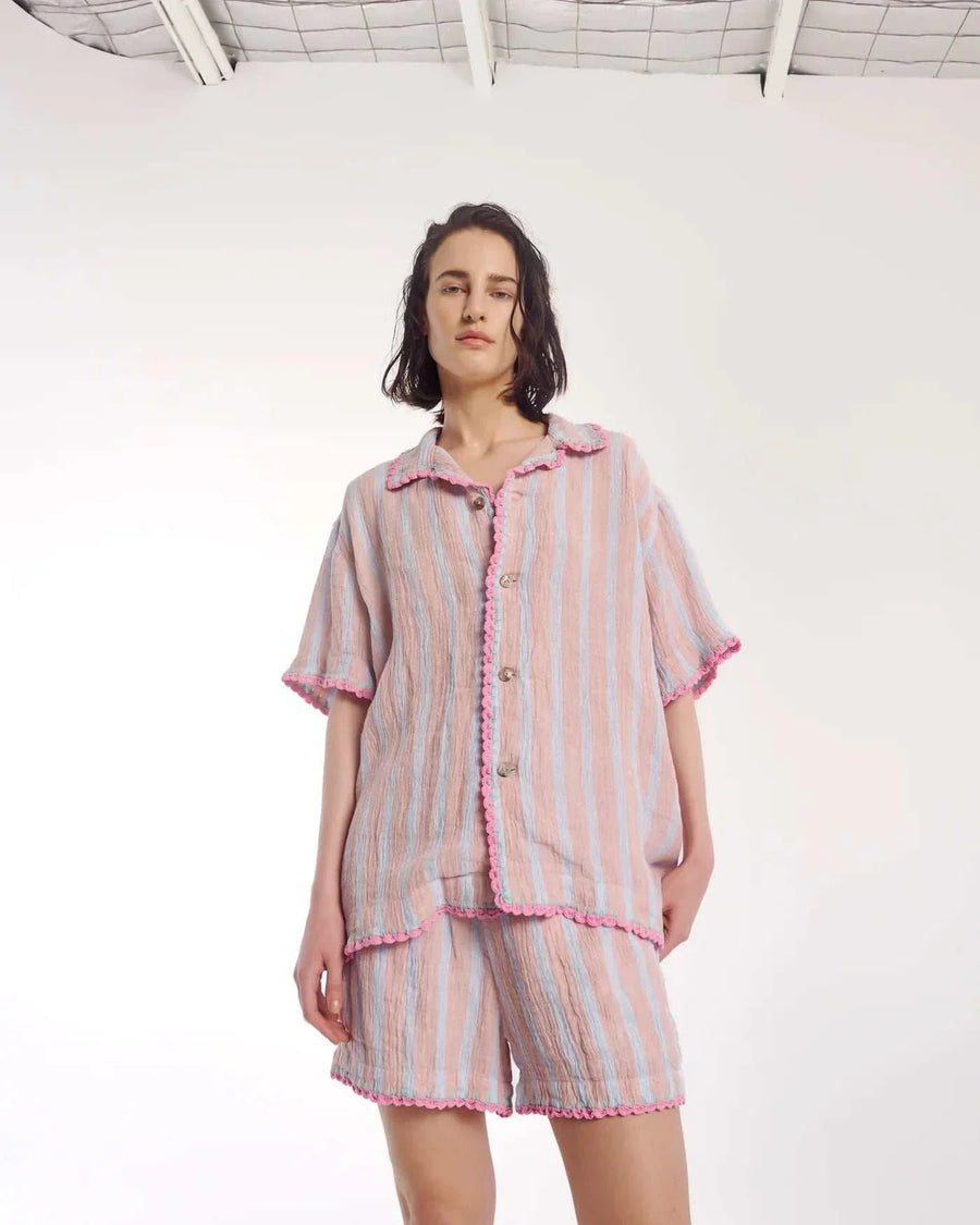 The Tales Hand Crochet Trimmed Stripe Linen Shirt Rose