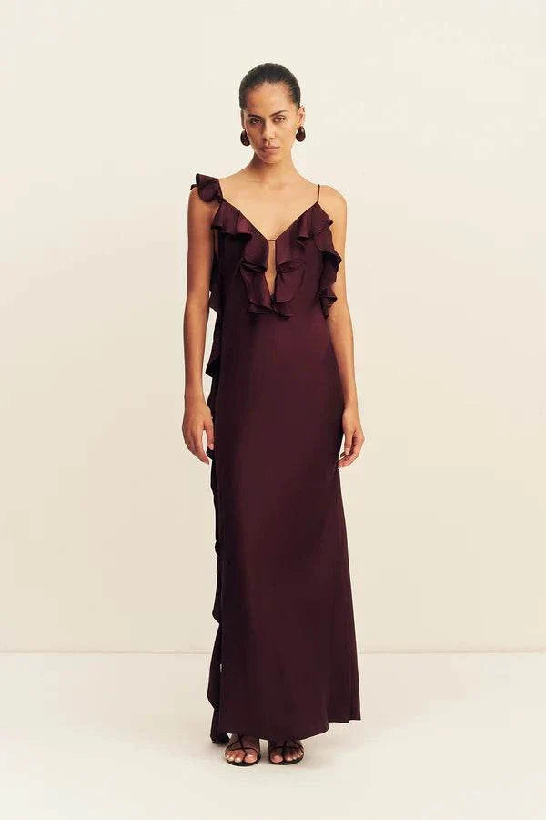 Shona Joy Agnes Ruffle Slip Bias Maxi Dress Wine Tasting