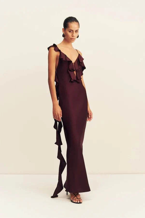 Shona Joy Agnes Ruffle Slip Bias Maxi Dress Wine Tasting