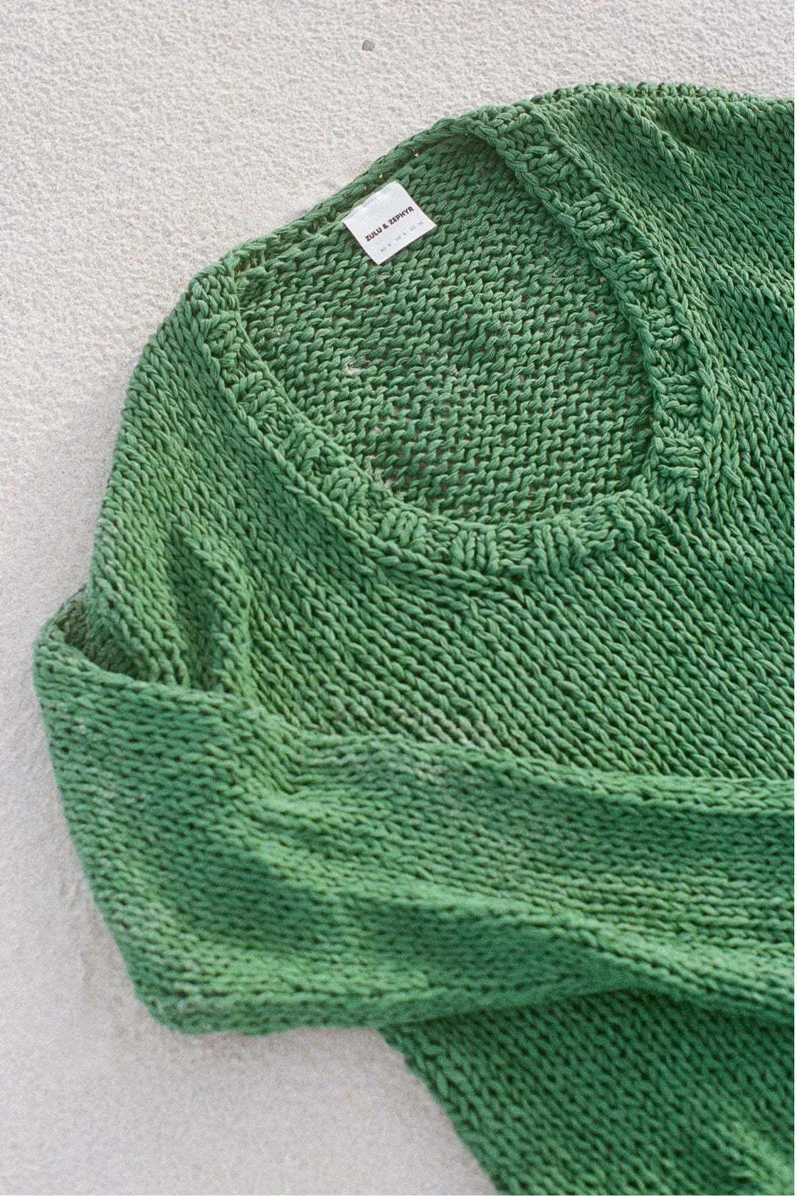 Zulu and Zephyr Linen Blend Hand Knit Jumper Tallow Green