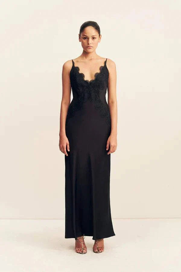 Shona Joy Simona Lace Slip Maxi Dress Black