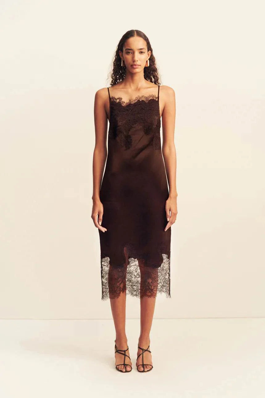 Shona Joy Lucia Lace Slip Midi Dress Espresso