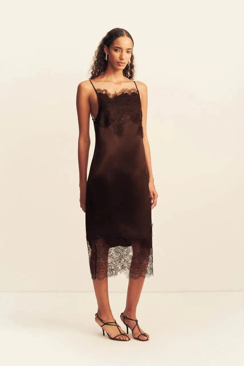 Shona Joy Lucia Lace Slip Midi Dress Espresso