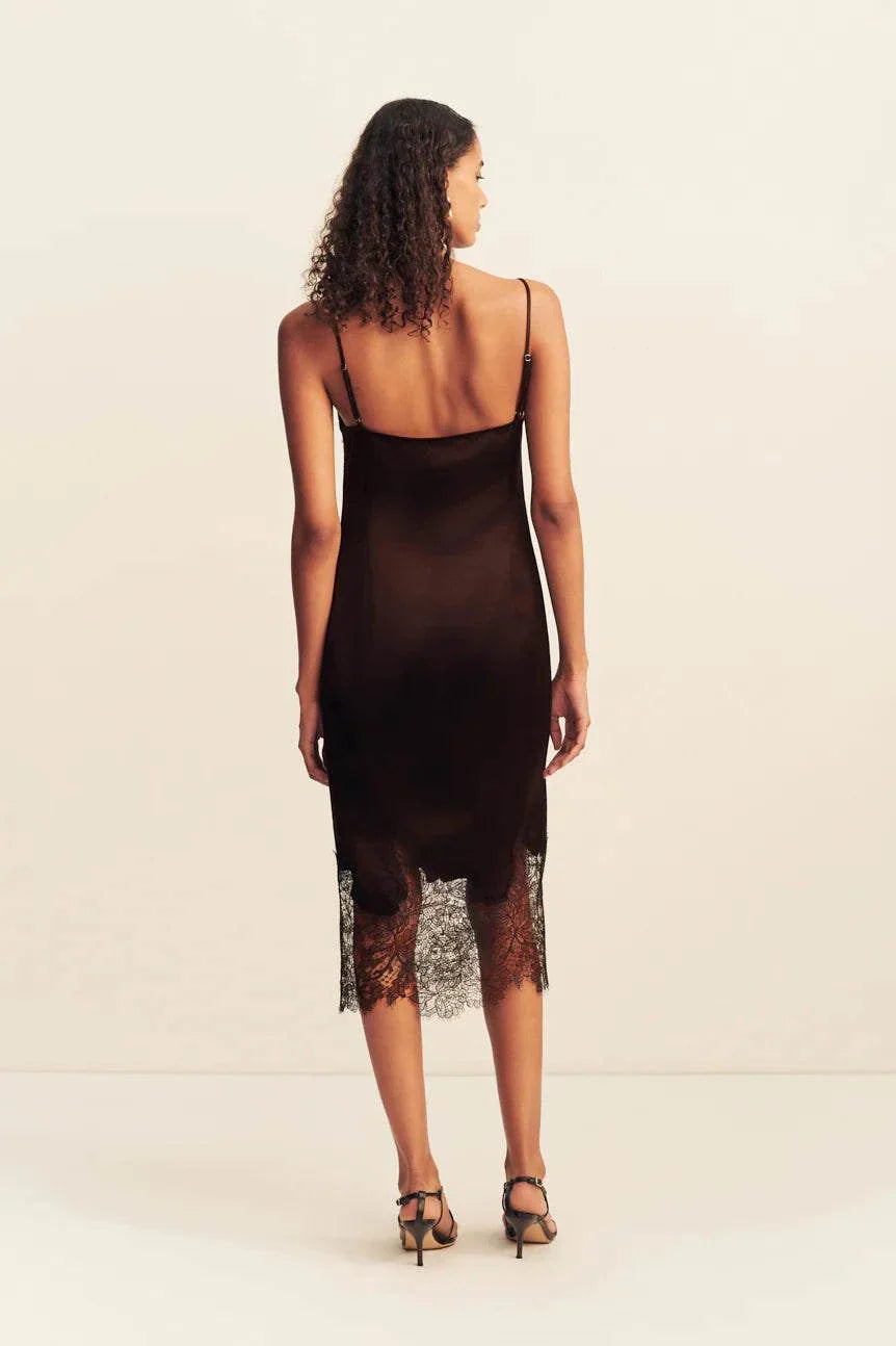 Shona Joy Lucia Lace Slip Midi Dress Espresso