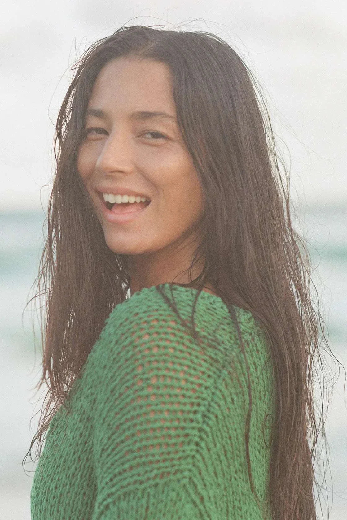 Zulu and Zephyr Linen Blend Hand Knit Jumper Tallow Green