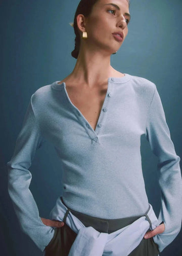 Viktoria and Woods Clique Rib Henley Tile Blue
