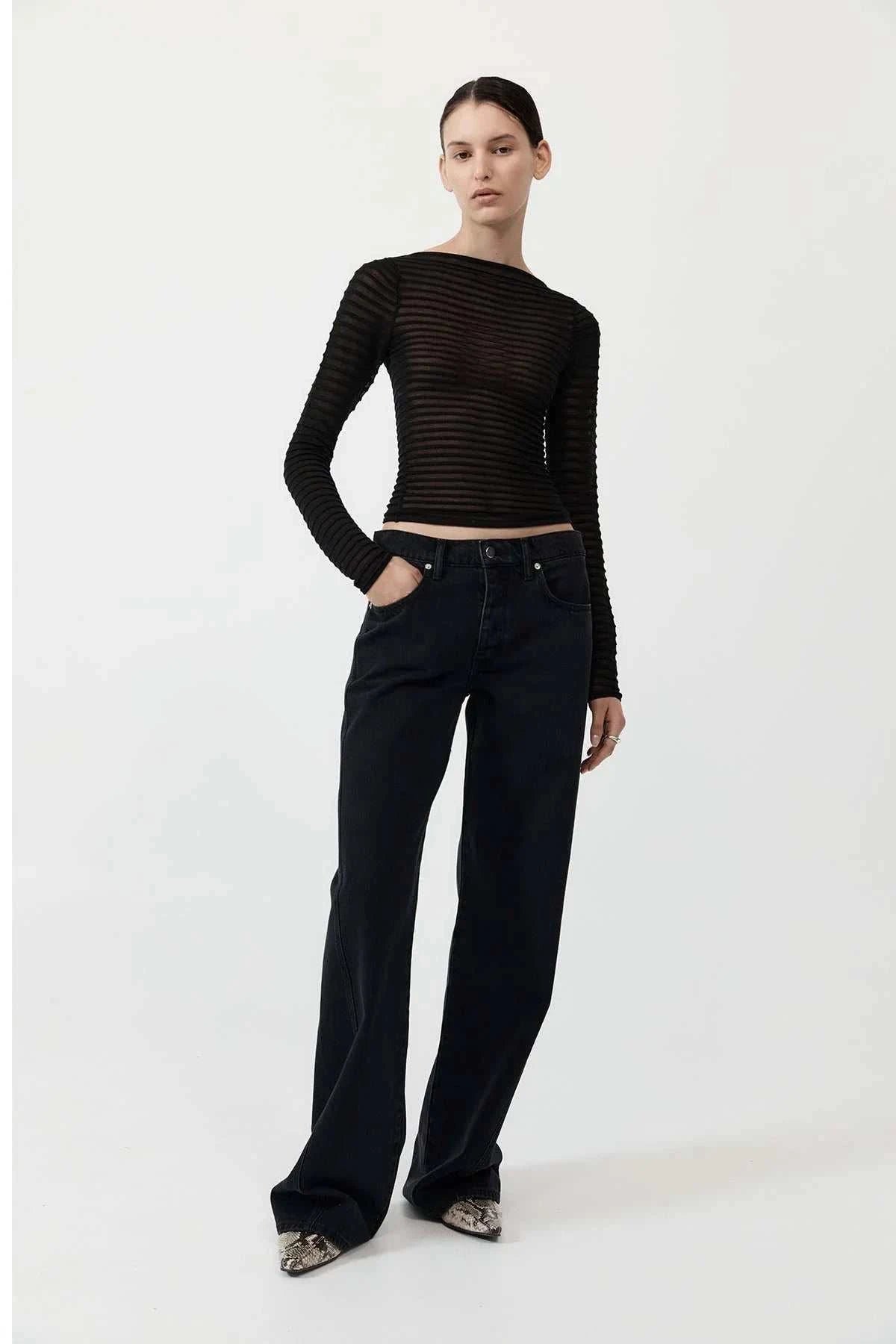 St Agni Sheer Stripe Top Black