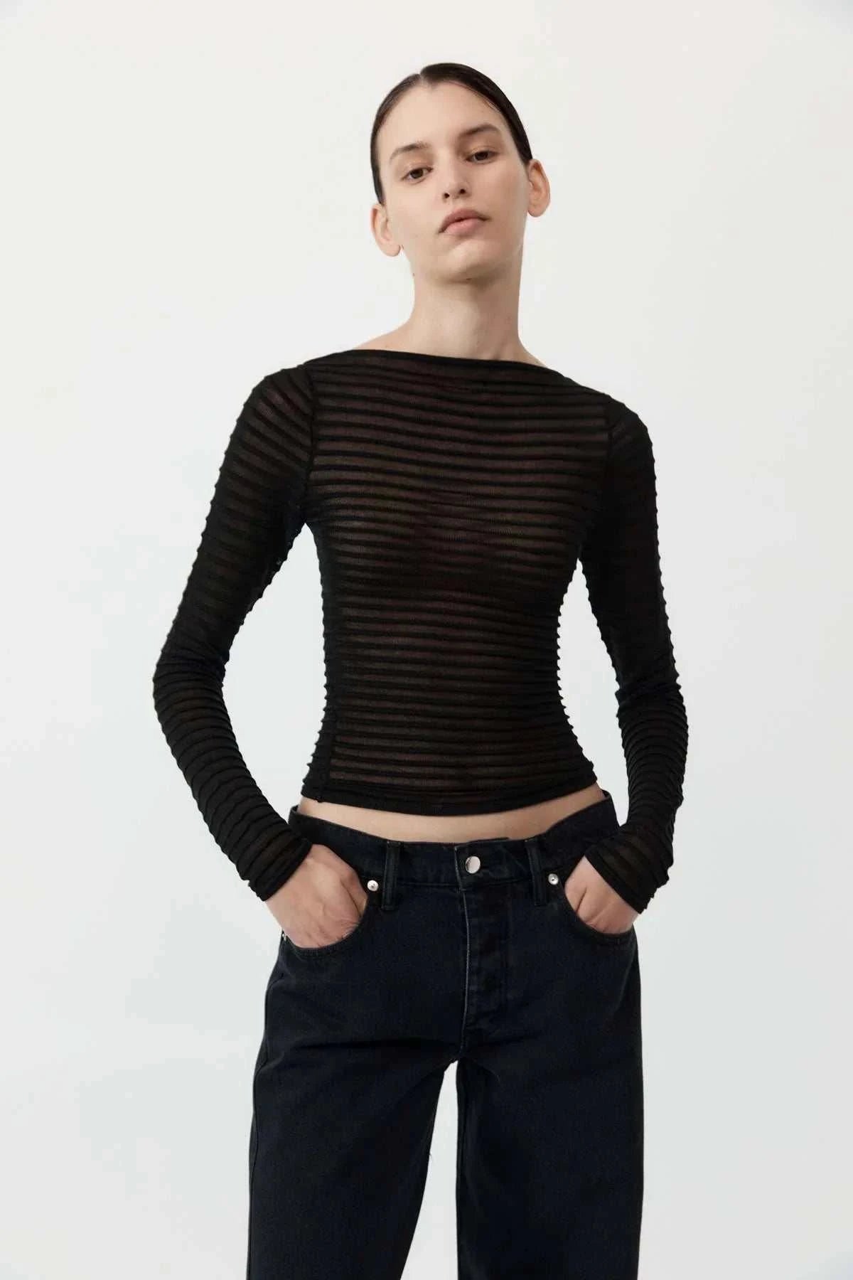 St Agni Sheer Stripe Top Black