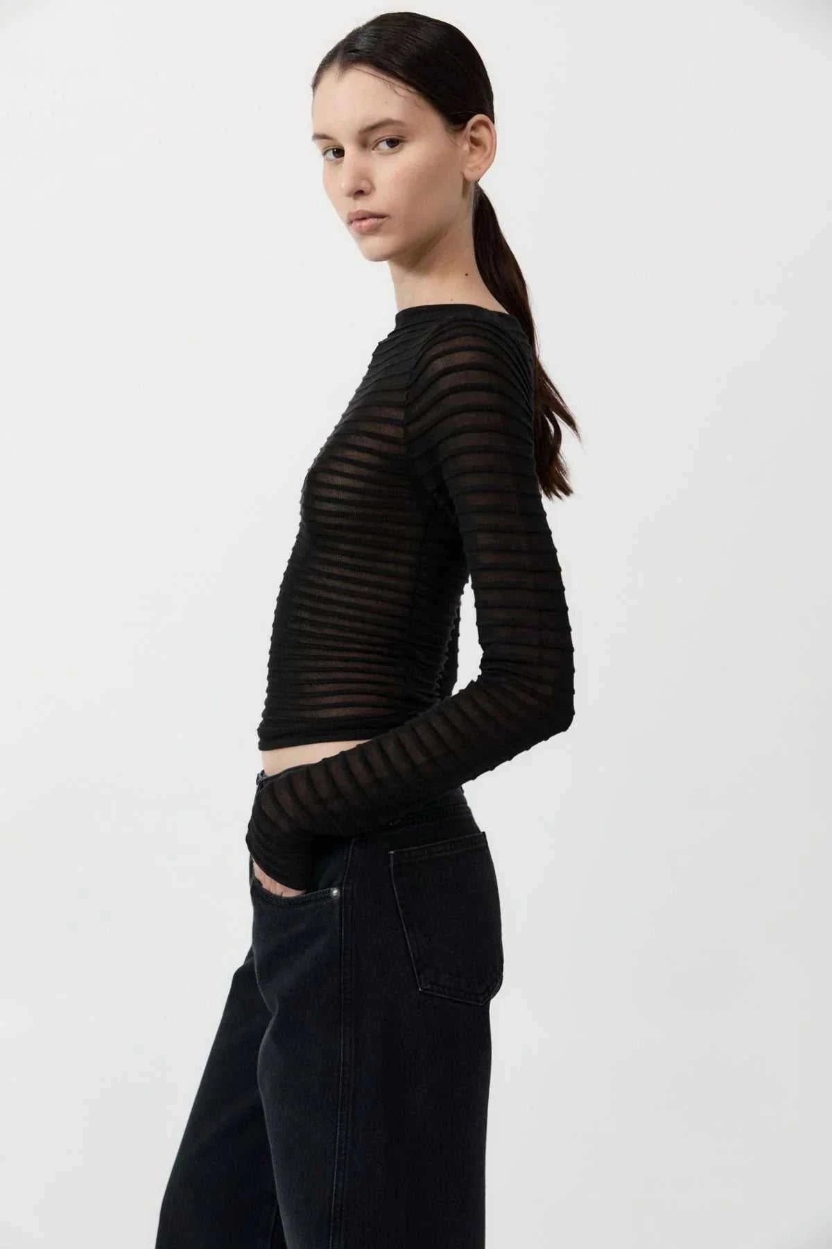 St Agni Sheer Stripe Top Black