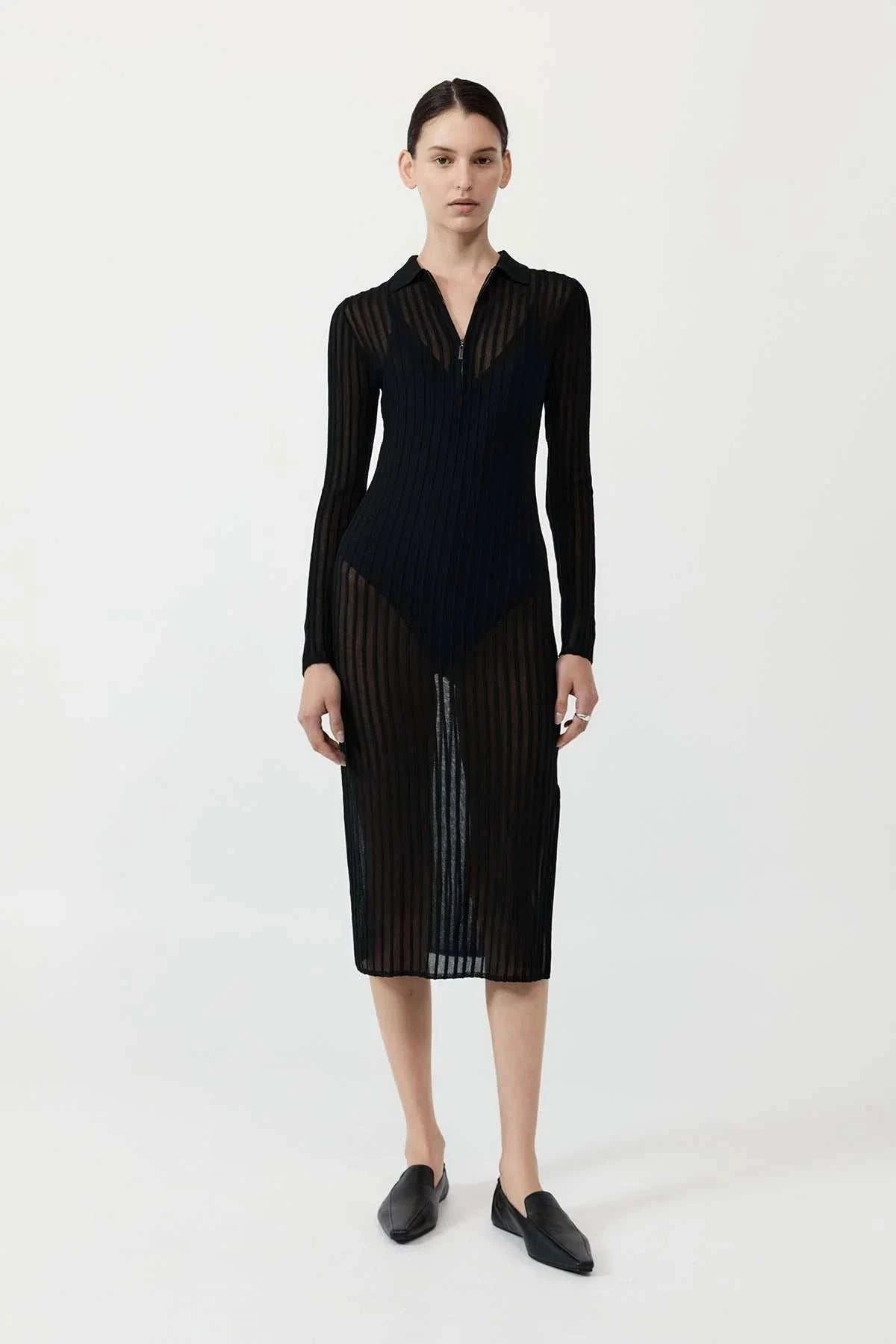 St Agni Sheer Stripe Dress Black