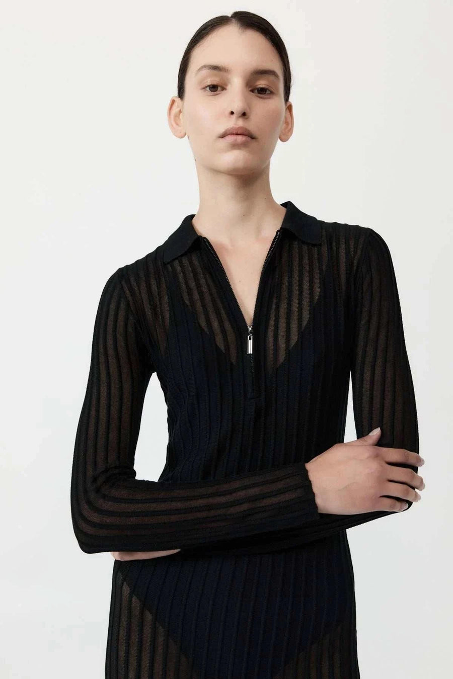 St Agni Sheer Stripe Dress Black