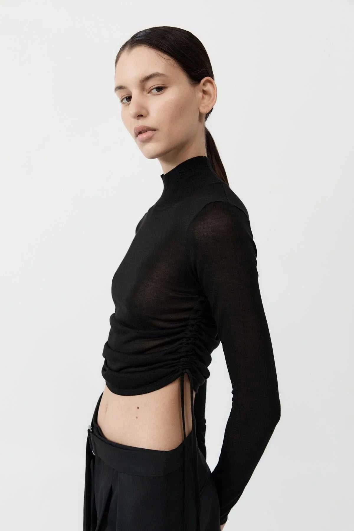 St Agni Sheer Ruched Top Black